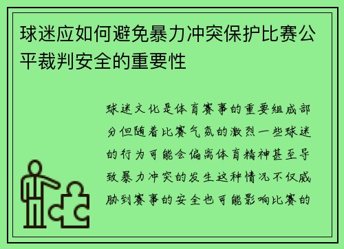 球迷应如何避免暴力冲突保护比赛公平裁判安全的重要性